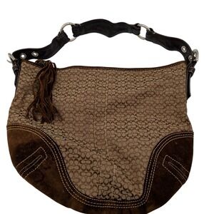Y2K Coach 2158 Signature C Jacquard Suede Brown Hobo Shoulder Bag Fringe Tassel